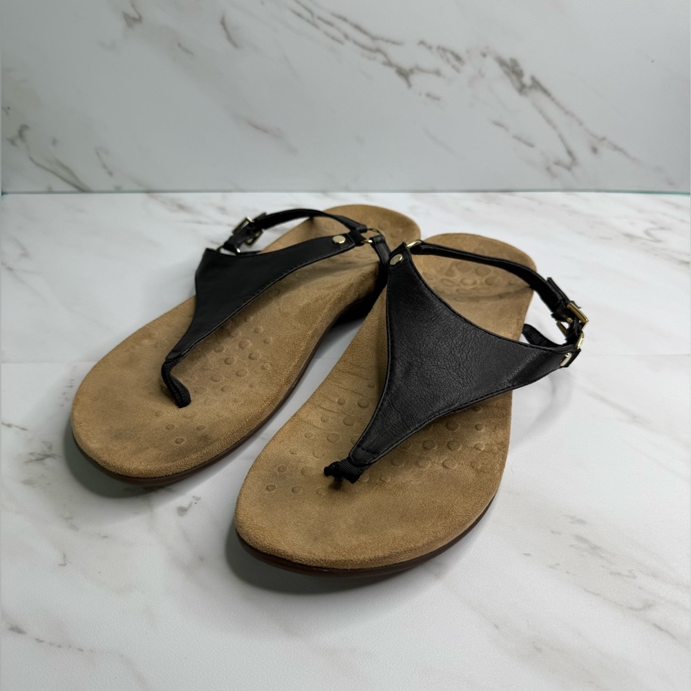 Vionic Kirra Black Leather Thong Sandal Arch Support Comfort Summer